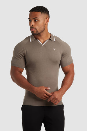 Tipped Open Collar Knitted Polo in Mole/White - TAILORED ATHLETE - USA