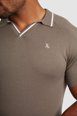 Tipped Open Collar Knitted Polo in Mole/White - TAILORED ATHLETE - USA