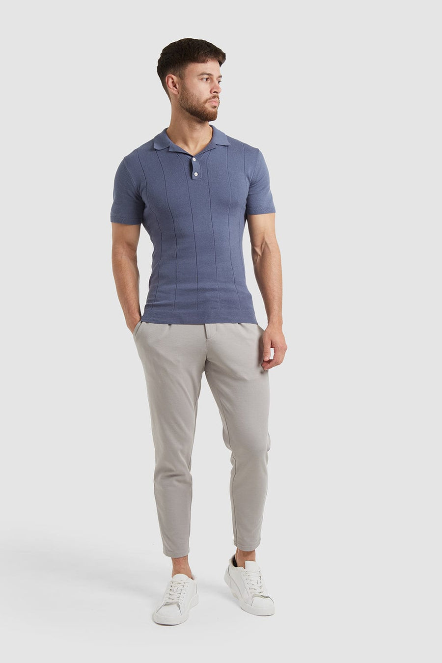 Ribbed Open Collar Knitted Polo in Blue - TAILORED ATHLETE - USA