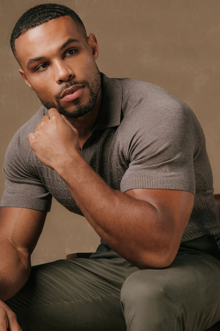 Fine Cable Knitted Polo Shirt in Dark Mocha Marl - TAILORED ATHLETE - USA