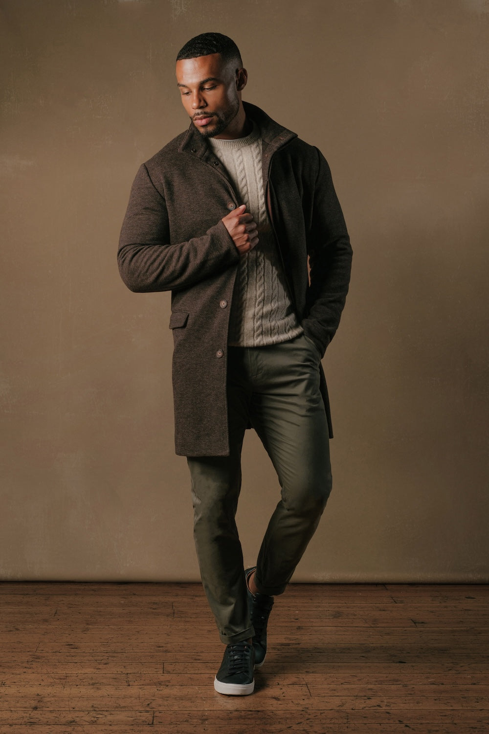 Herringbone Funnel Neck Overcoat in Mocha - TAILORED ATHLETE - USA