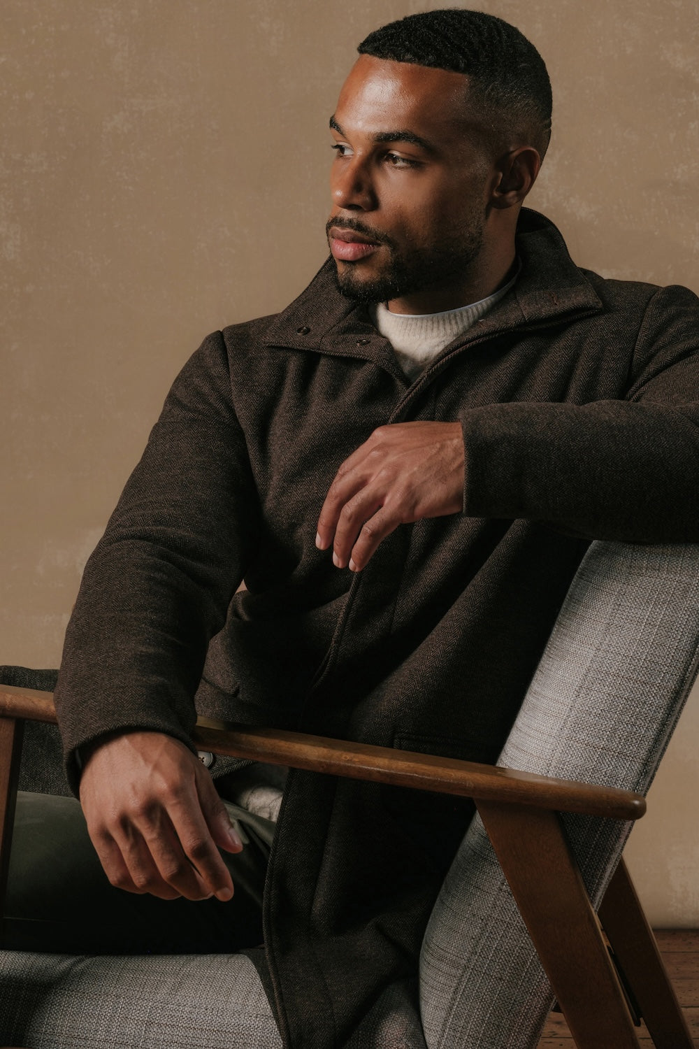 Herringbone Funnel Neck Overcoat in Mocha - TAILORED ATHLETE - USA