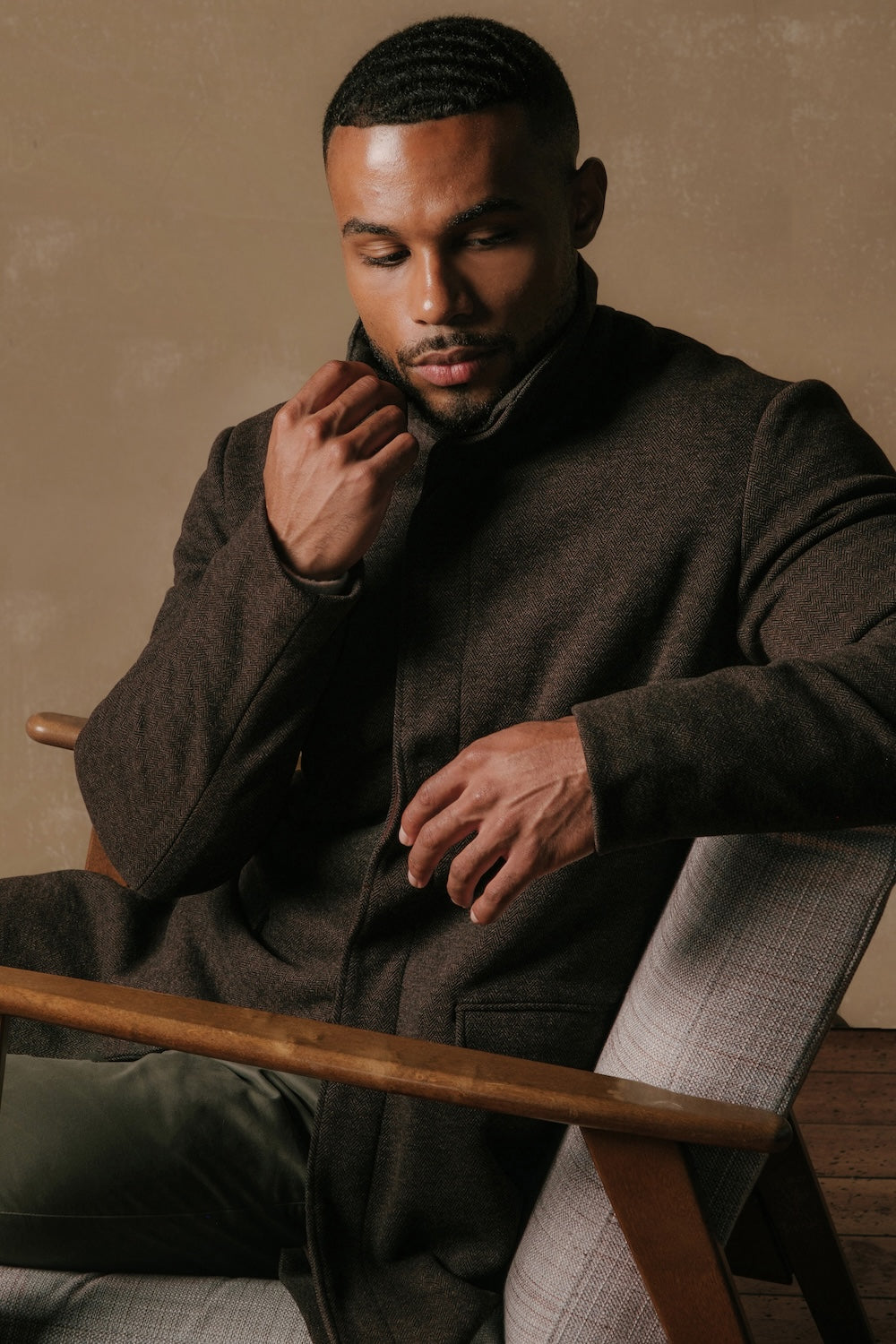 Herringbone Funnel Neck Overcoat in Mocha - TAILORED ATHLETE - USA