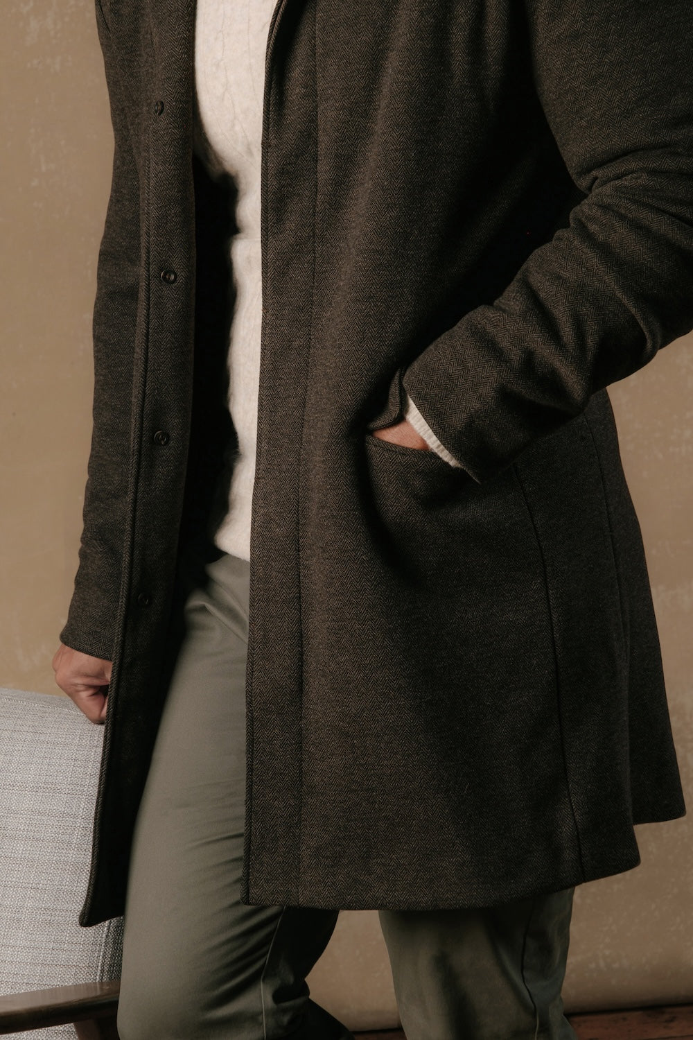 Herringbone Funnel Neck Overcoat in Mocha - TAILORED ATHLETE - USA