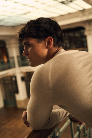 Pure Cotton Knitted Crew Neck Sweater in Neutral Marl