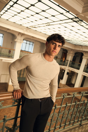 Pure Cotton Knitted Crew Neck Sweater in Neutral Marl