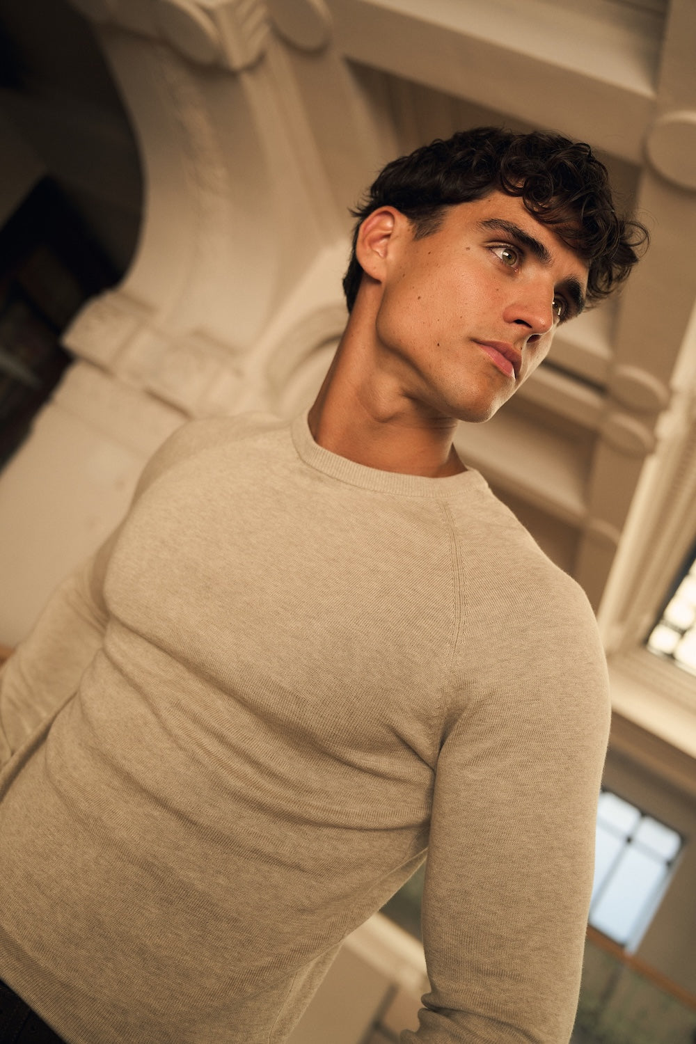 Pure Cotton Knitted Crew Neck Sweater in Neutral Marl