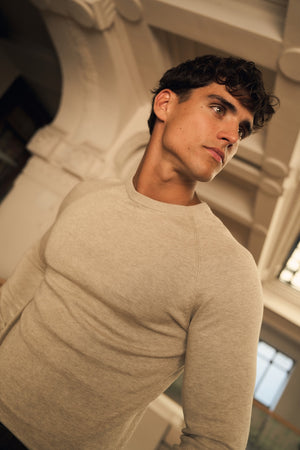 Pure Cotton Knitted Crew Neck Sweater in Neutral Marl