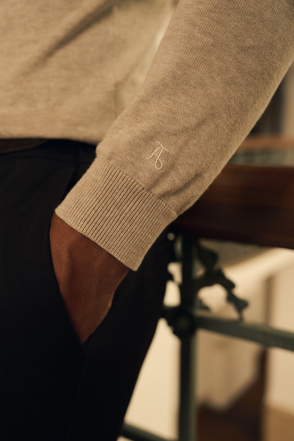 Pure Cotton Knitted Crew Neck Sweater in Neutral Marl