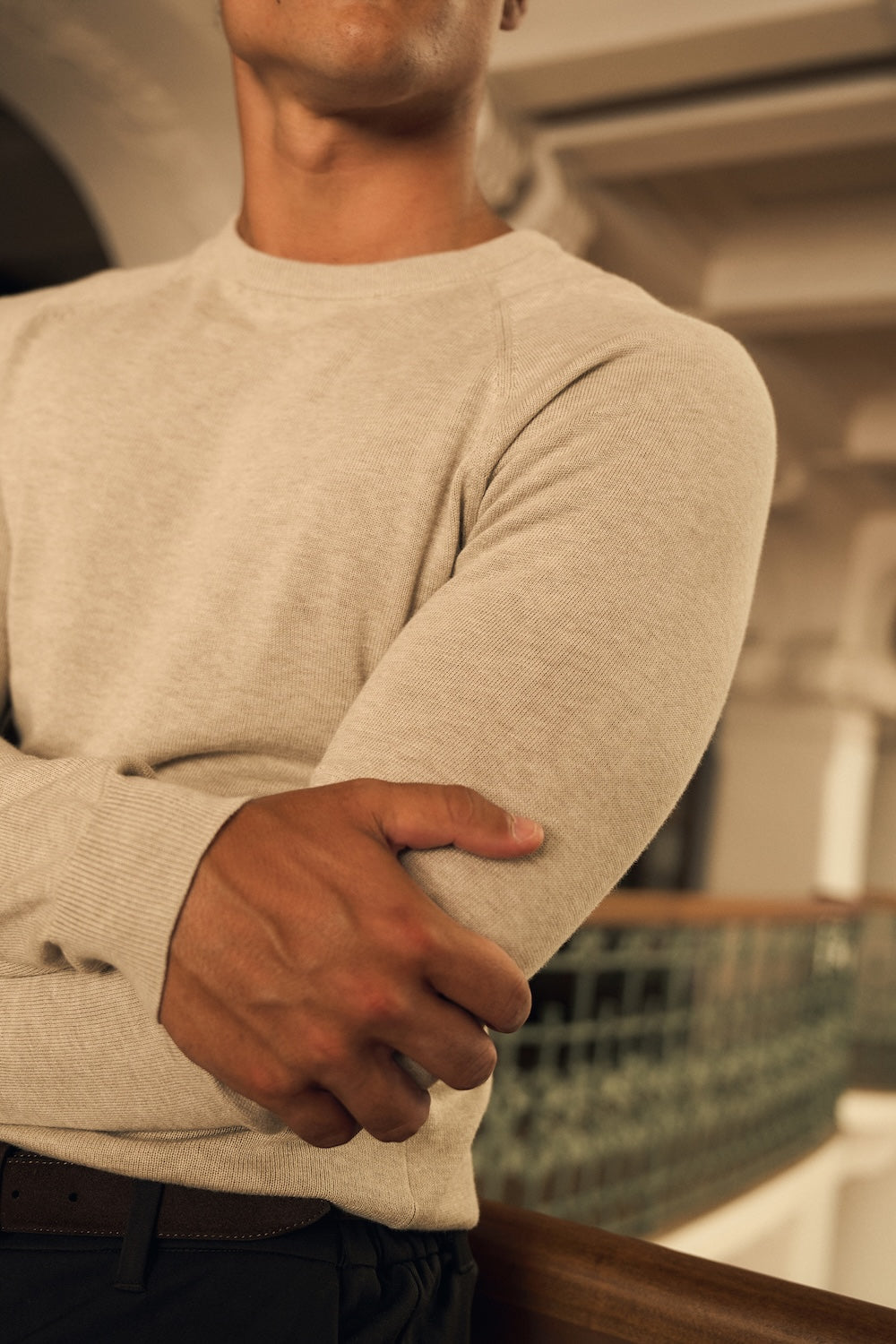 Pure Cotton Knitted Crew Neck Sweater in Neutral Marl