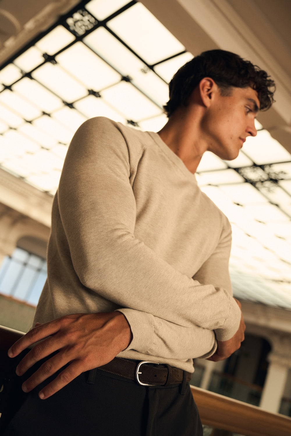 Pure Cotton Knitted Crew Neck Sweater in Neutral Marl