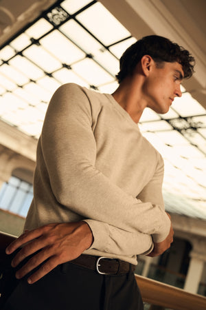 Pure Cotton Knitted Crew Neck Sweater in Neutral Marl