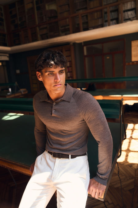 Extra Fine Merino Wool Polo Shirt in Mocha Marl