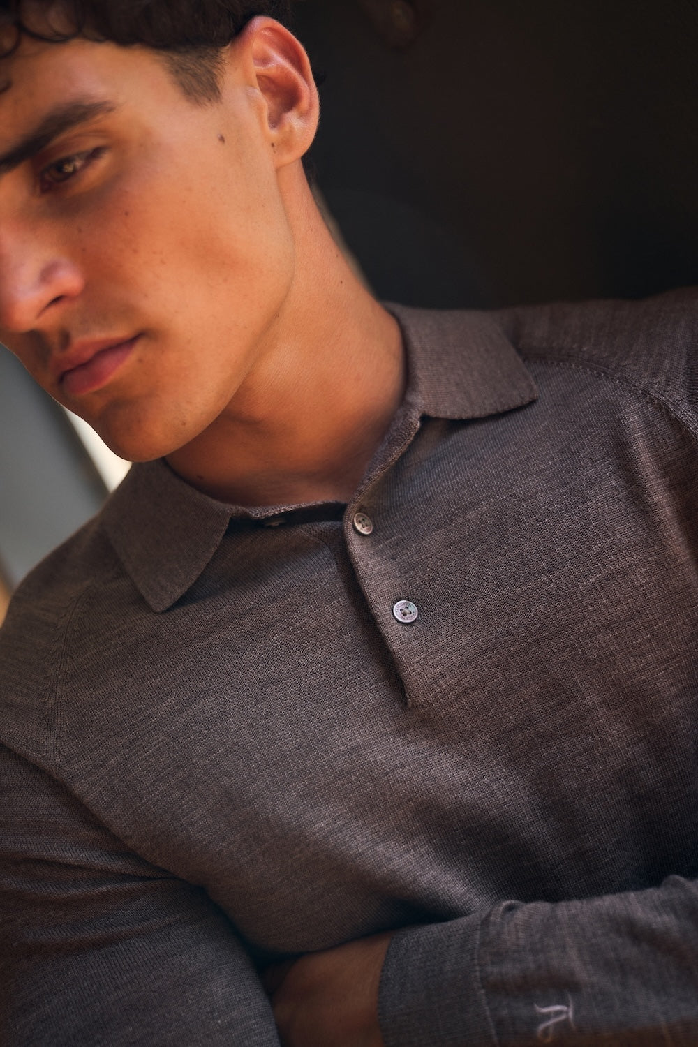 Extra Fine Merino Wool Polo Shirt in Mocha Marl