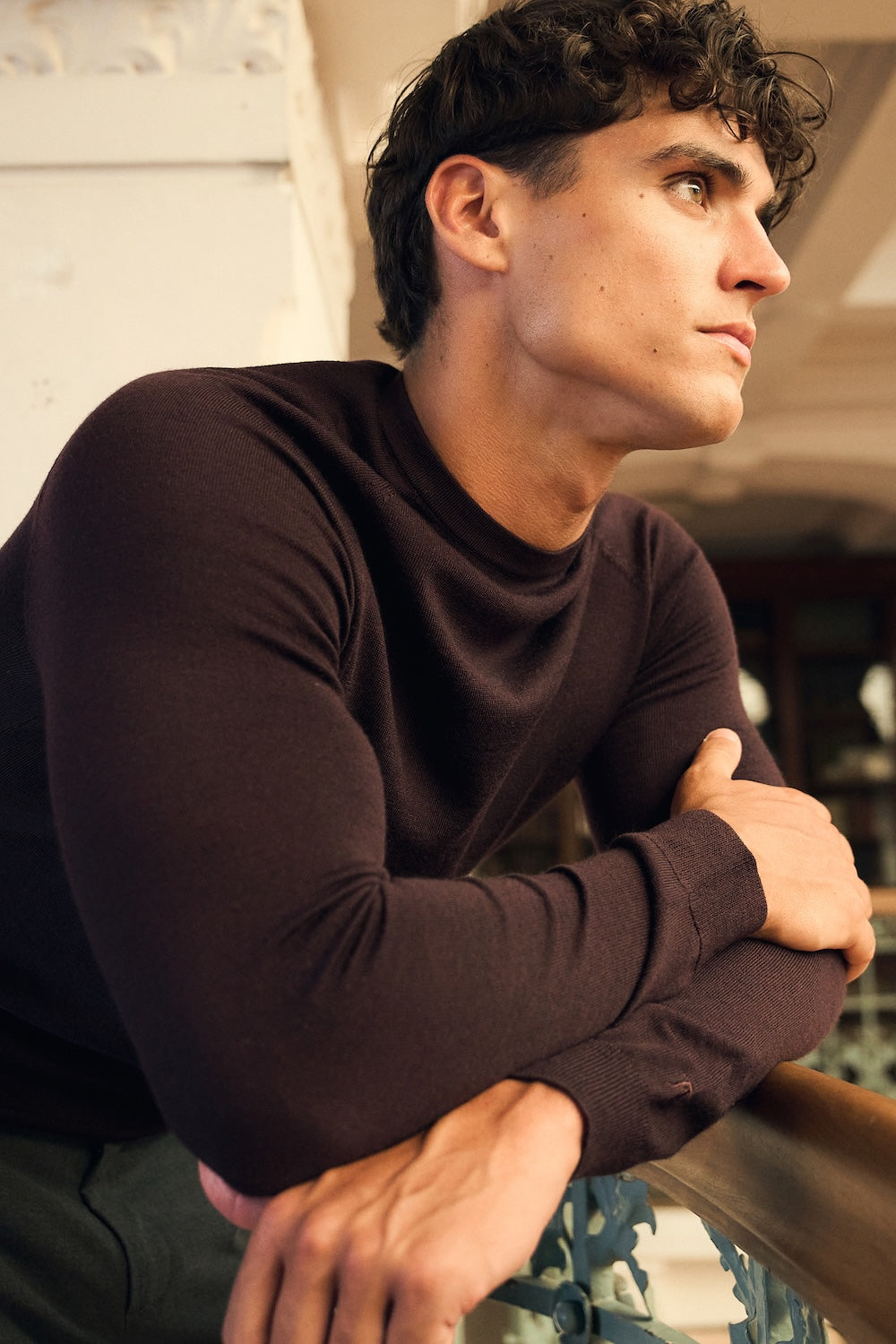 Extra Fine Merino Wool Crew Neck Sweater in Dark Bordeaux