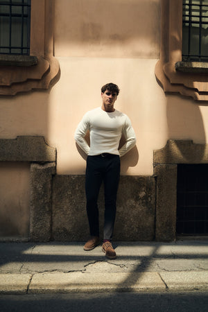 Pure Cotton Knitted Textured Crew Neck Sweater in Winter White