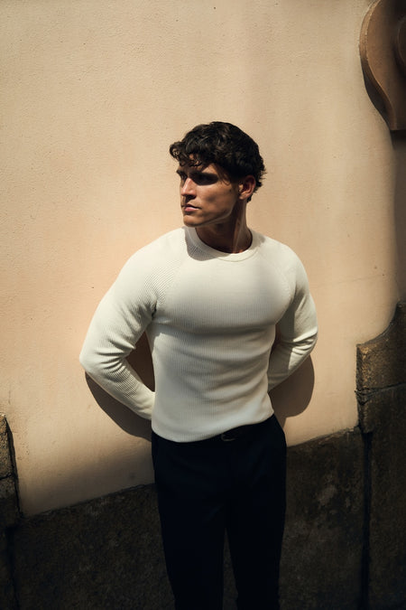 Pure Cotton Knitted Textured Crew Neck Sweater in Winter White