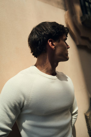 Pure Cotton Knitted Textured Crew Neck Sweater in Winter White