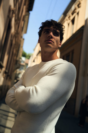 Pure Cotton Knitted Textured Crew Neck Sweater in Winter White