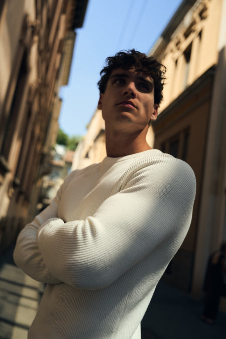 Pure Cotton Knitted Textured Crew Neck Sweater in Winter White