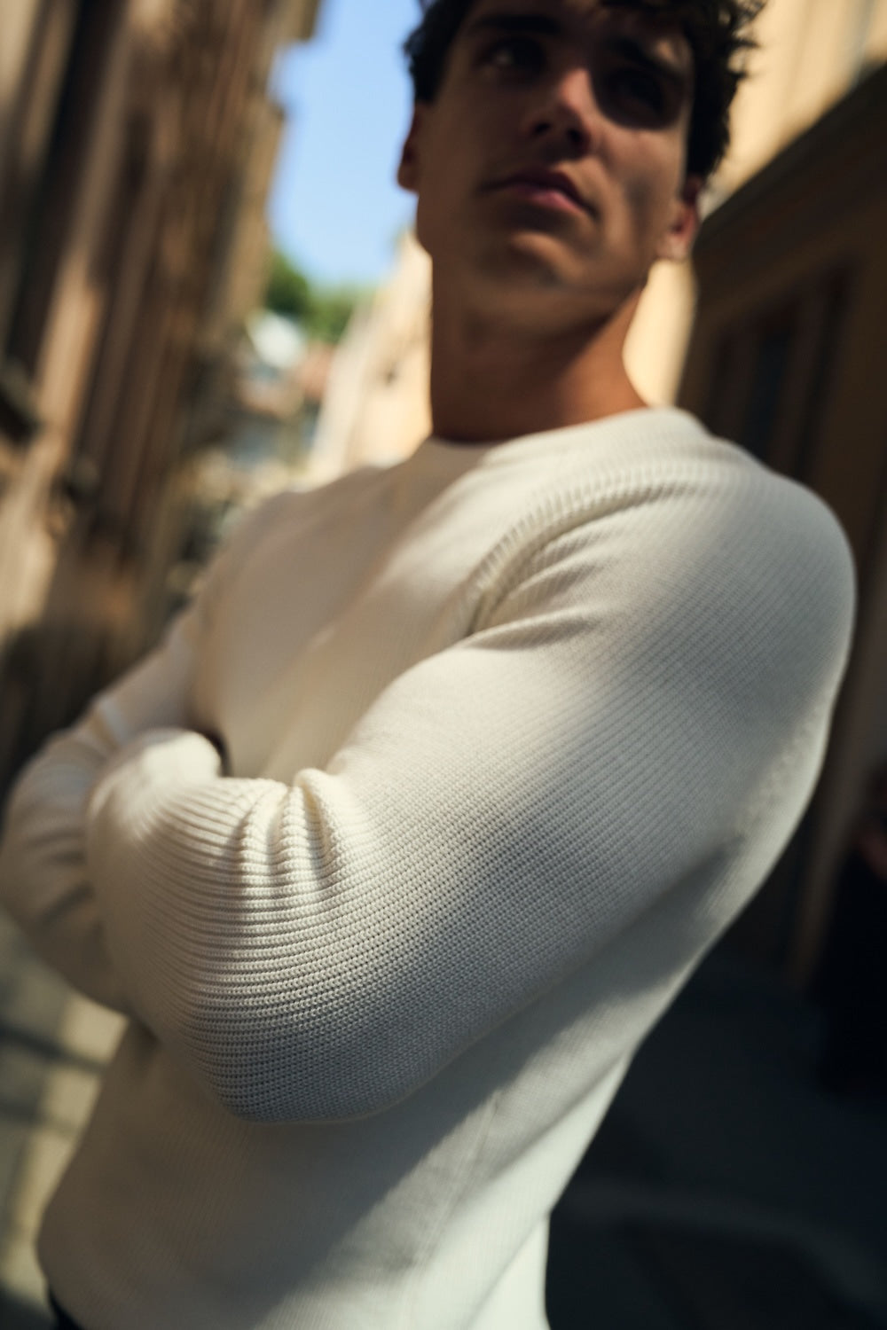 Pure Cotton Knitted Textured Crew Neck Sweater in Winter White
