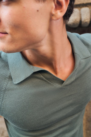 Pure Cotton Knitted Open Collar Polo Shirt in Moss Green