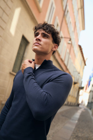 Pure Cotton Knitted Half Zip Neck Sweater in Navy