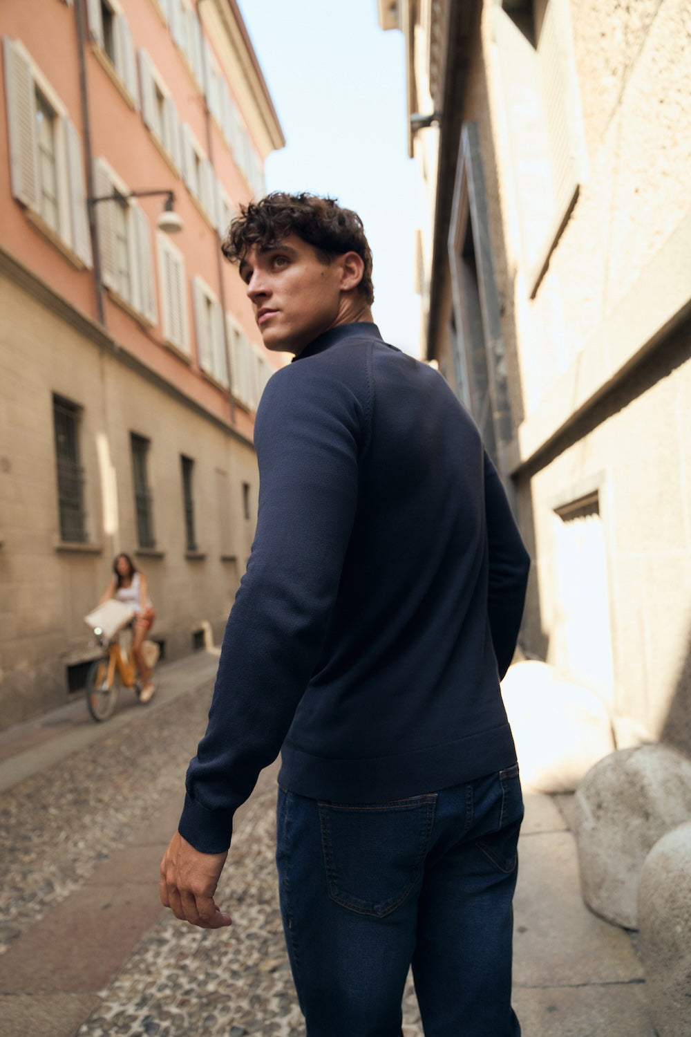 Pure Cotton Knitted Half Zip Neck Sweater in Navy