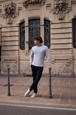 Pure Cotton Knitted Textured Crew Neck Sweater in Soft Grey Marl