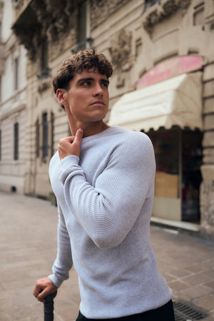 Pure Cotton Knitted Textured Crew Neck Sweater in Soft Grey Marl