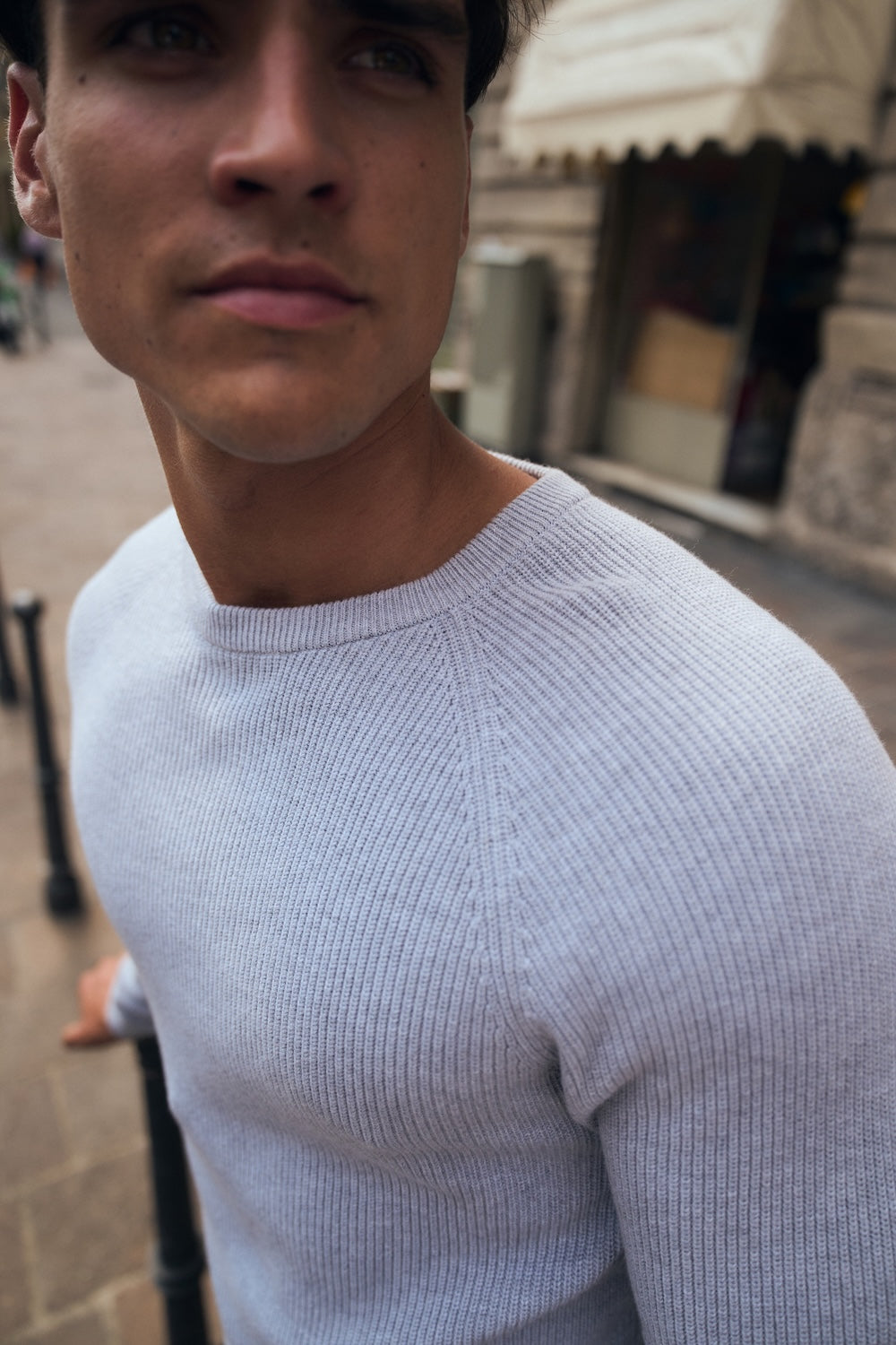 Pure Cotton Knitted Textured Crew Neck Sweater in Soft Grey Marl