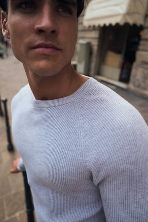 Pure Cotton Knitted Textured Crew Neck Sweater in Soft Grey Marl