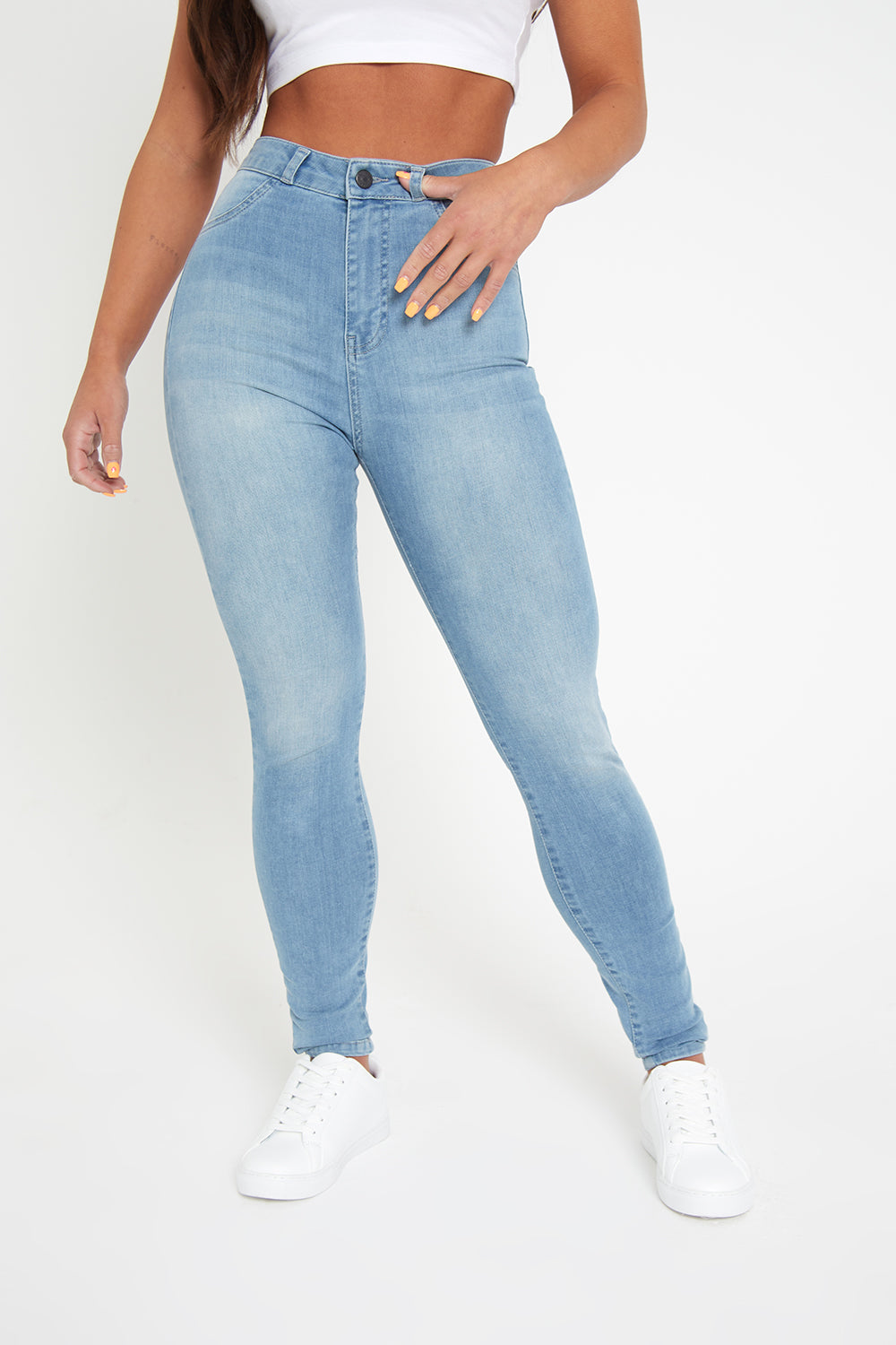 High Waist Black And Blue Skinny Jeans With 4 Pockets For Women
