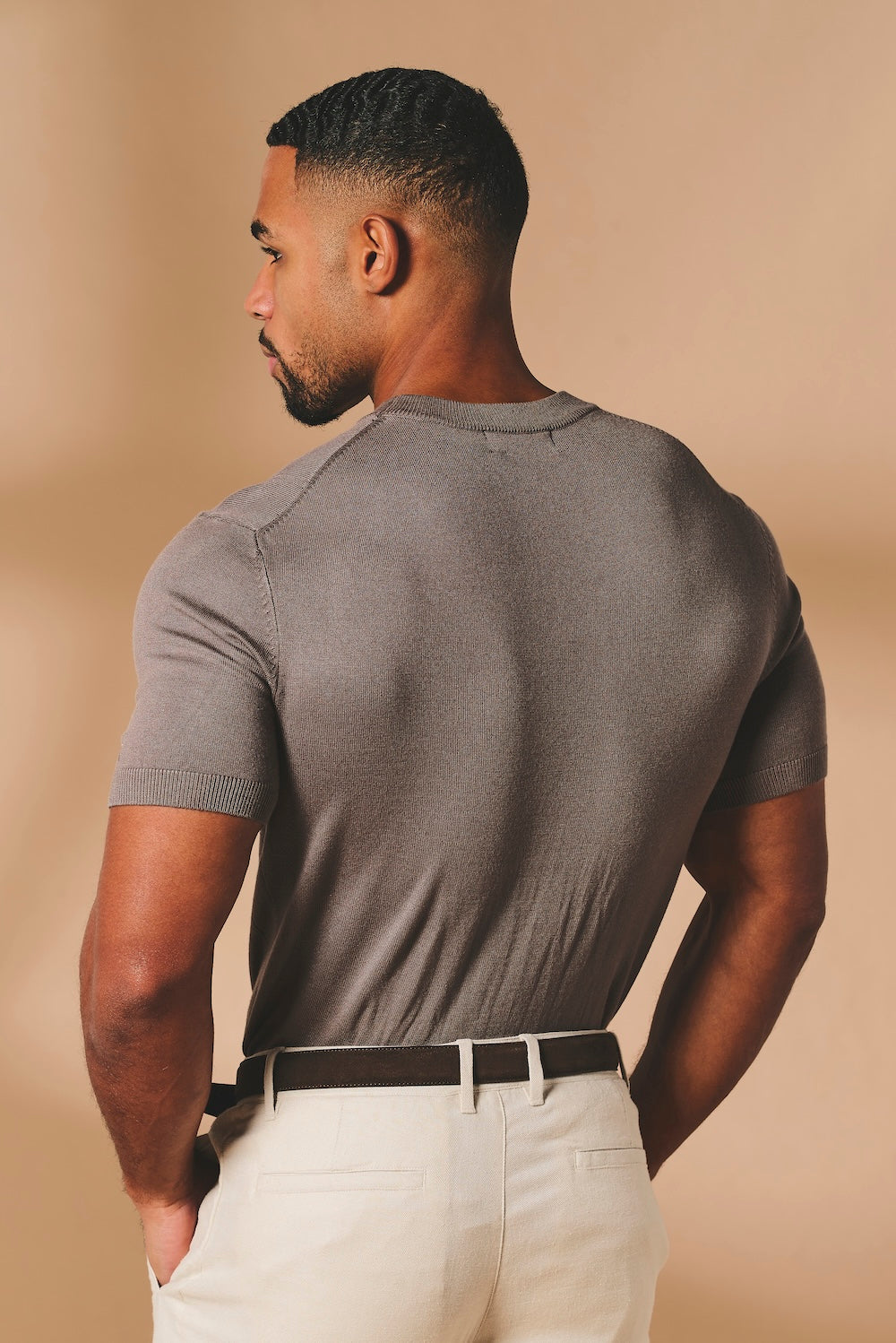 Vertical Stripe Knitted T-Shirt in Taupe - TAILORED ATHLETE - USA