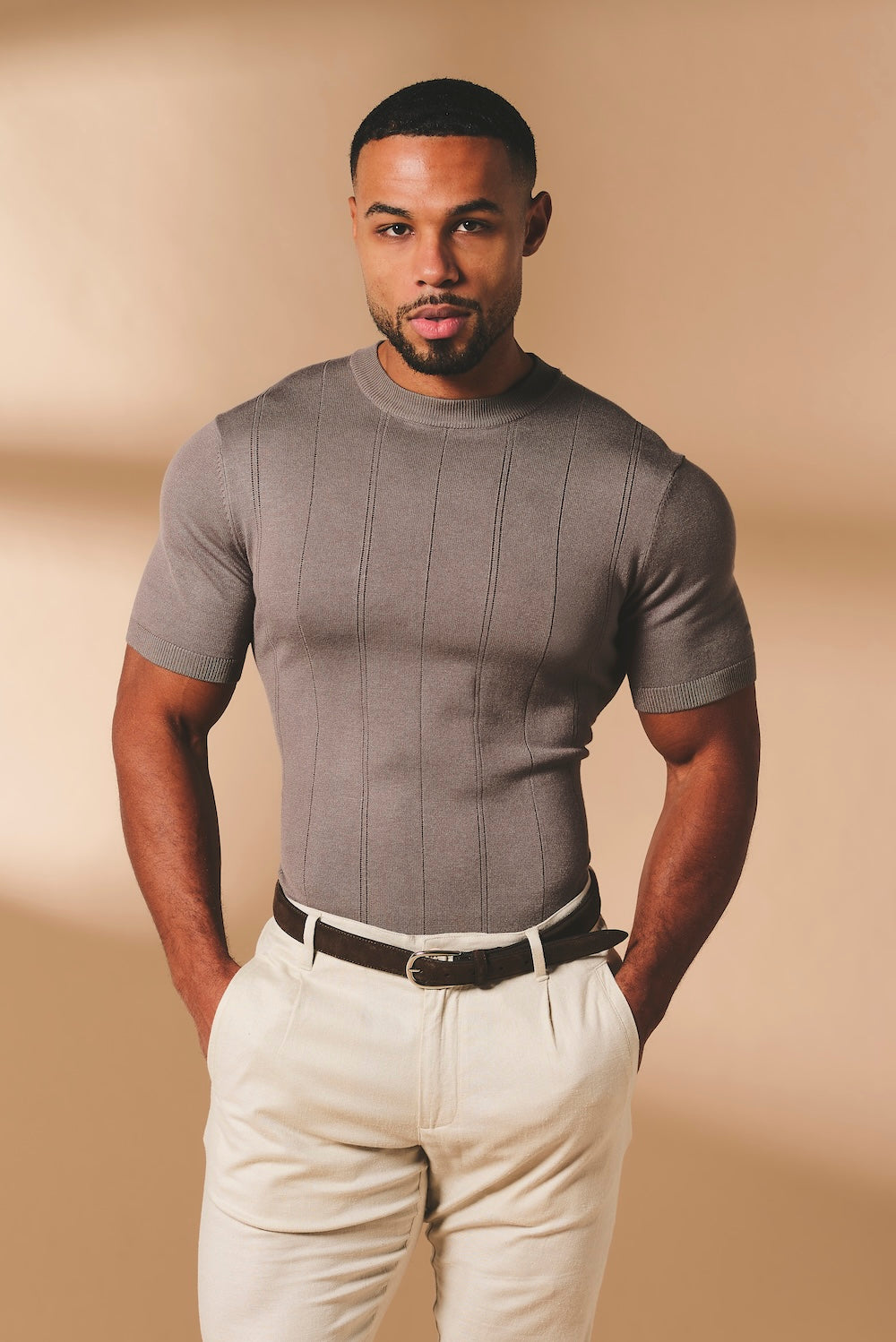 Vertical Stripe Knitted T-Shirt in Taupe - TAILORED ATHLETE - USA