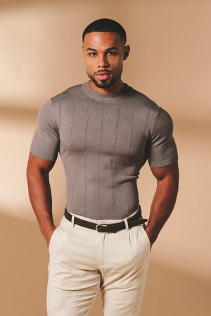 Vertical Stripe Knitted T-Shirt in Taupe - TAILORED ATHLETE - USA