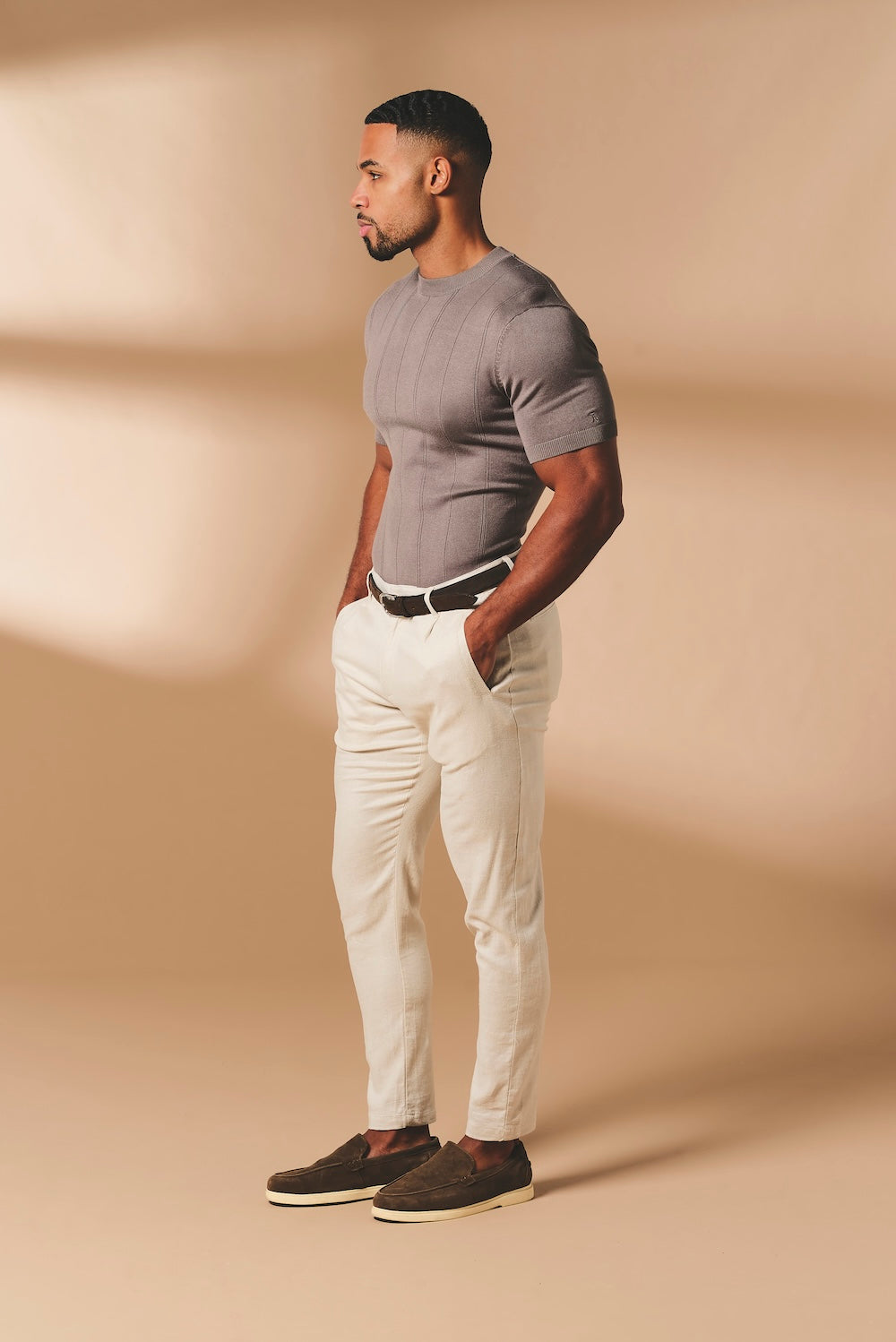 Vertical Stripe Knitted T-Shirt in Taupe - TAILORED ATHLETE - USA