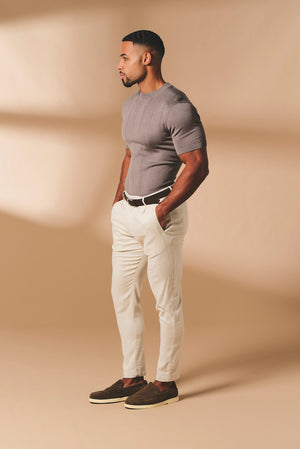 Vertical Stripe Knitted T-Shirt in Taupe - TAILORED ATHLETE - USA