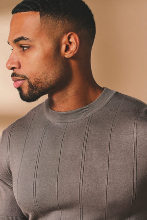 Vertical Stripe Knitted T-Shirt in Taupe - TAILORED ATHLETE - USA