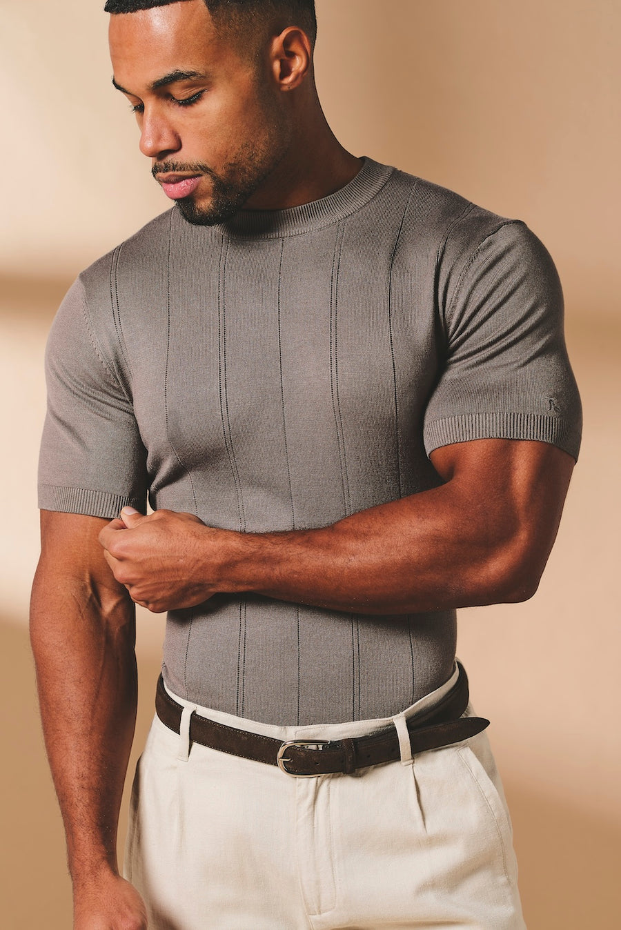 Vertical Stripe Knitted T-Shirt in Taupe - TAILORED ATHLETE - USA