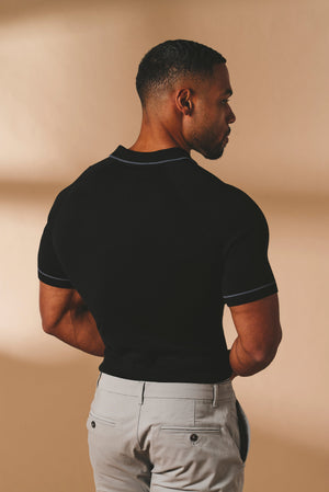 Tipped Knitted Zip Neck Polo Shirt in Black - TAILORED ATHLETE - USA
