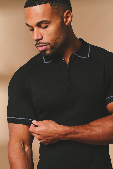 Tipped Knitted Zip Neck Polo Shirt in Black - TAILORED ATHLETE - USA