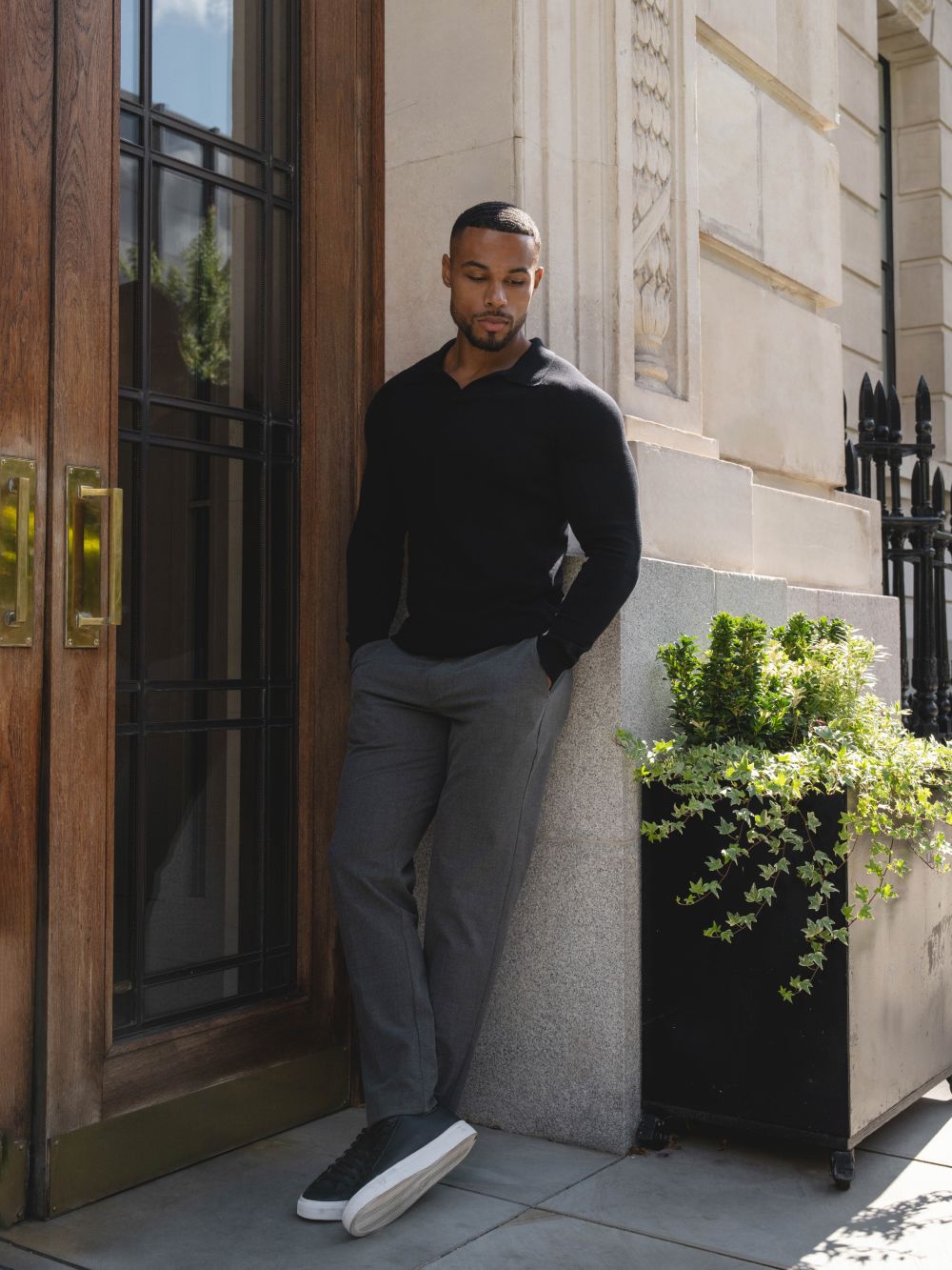 Open Collar Knitted Polo Shirt in Black