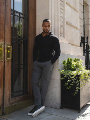 Open Collar Knitted Polo Shirt in Black