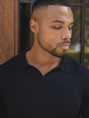 Open Collar Knitted Polo Shirt in Black