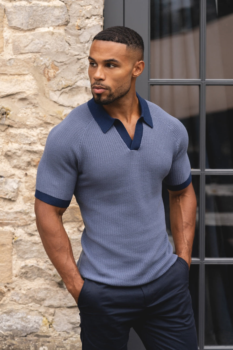 Contrast Textured Knitted Polo Shirt in Slate Blue - TAILORED ATHLETE - USA