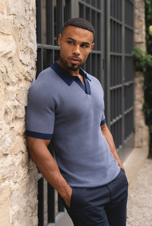 Contrast Textured Knitted Polo Shirt in Slate Blue - TAILORED ATHLETE - USA
