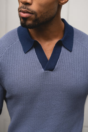 Contrast Textured Knitted Polo Shirt in Slate Blue - TAILORED ATHLETE - USA