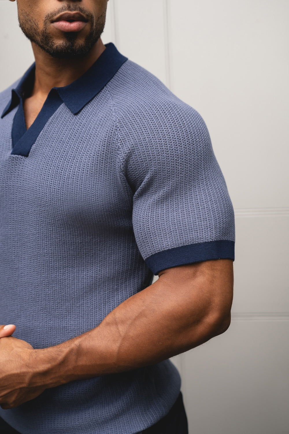 Contrast Textured Knitted Polo Shirt in Slate Blue - TAILORED ATHLETE - USA