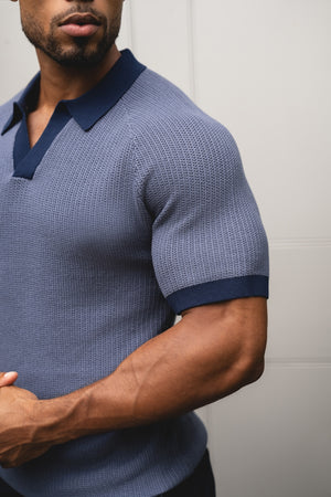 Contrast Textured Knitted Polo Shirt in Slate Blue - TAILORED ATHLETE - USA